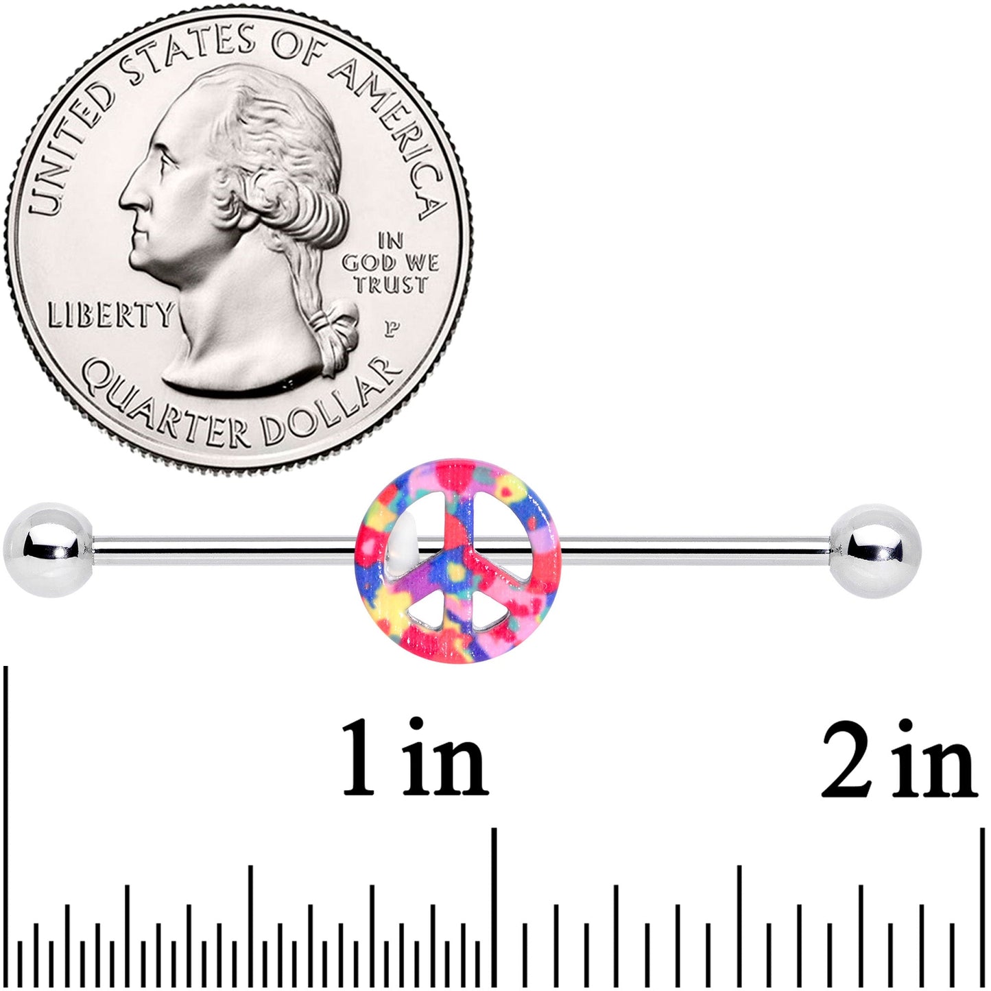 14G Hippie Rainbow Peace Sign Industrial Barbell 38mm