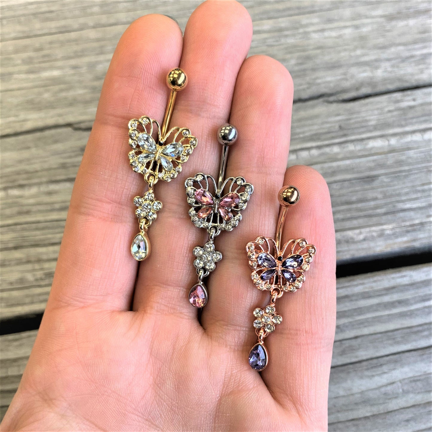 Clear Gem Gold Tone Lacy Butterfly Flower Dangle Belly Ring