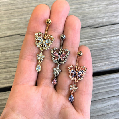 Clear Gem Gold Tone Lacy Butterfly Flower Dangle Belly Ring