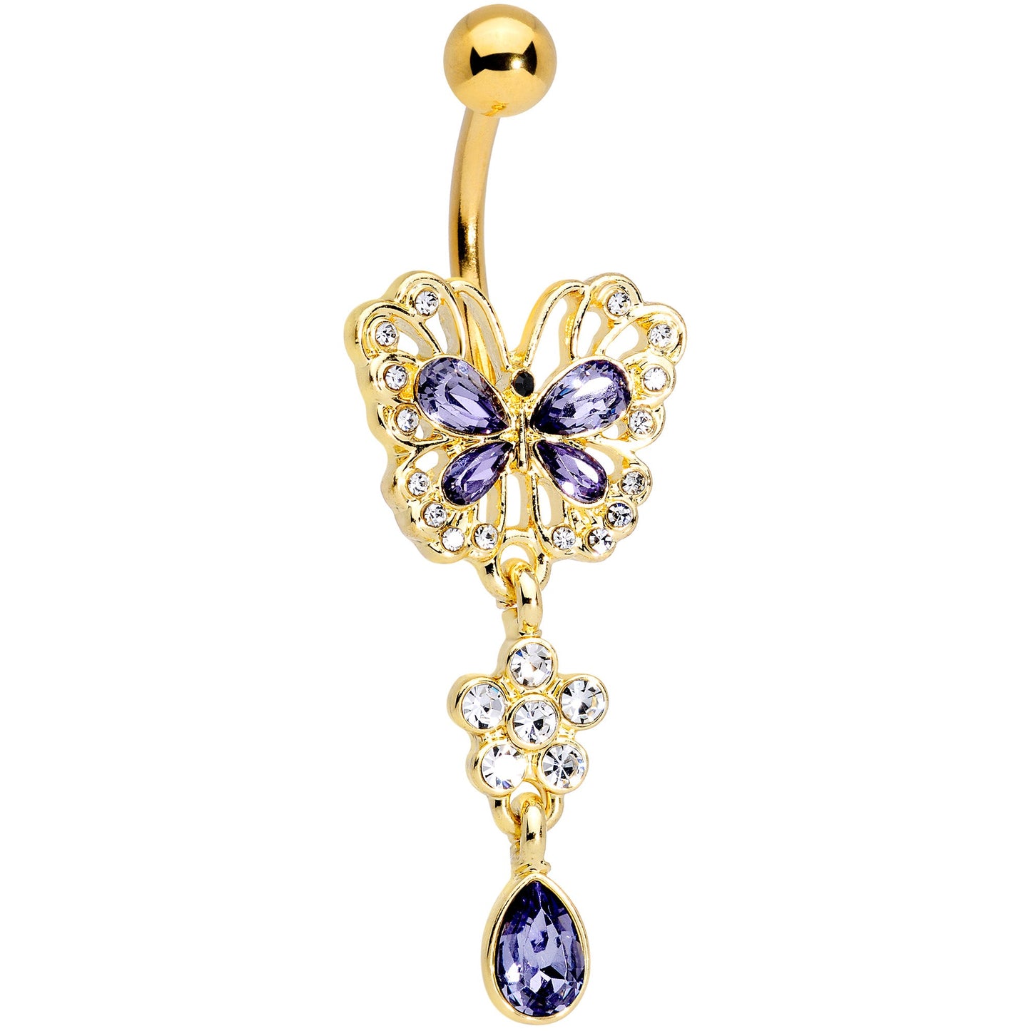 Clear Purple Gem Gold Tone Lacy Butterfly Flower Drop Dangle Belly Ring