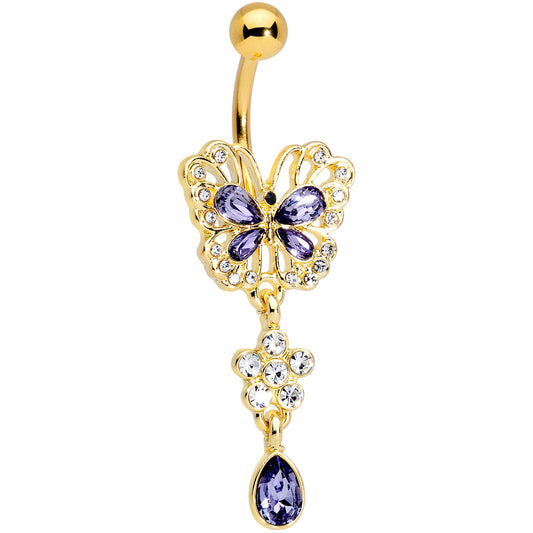 Clear Purple Gem Gold Tone Lacy Butterfly Flower Drop Dangle Belly Ring