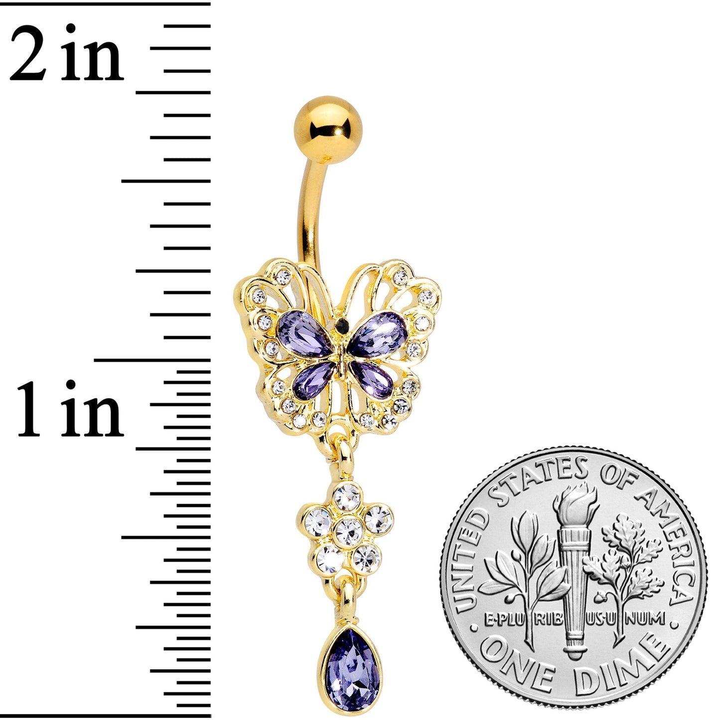 Clear Purple Gem Gold Tone Lacy Butterfly Flower Drop Dangle Belly Ring