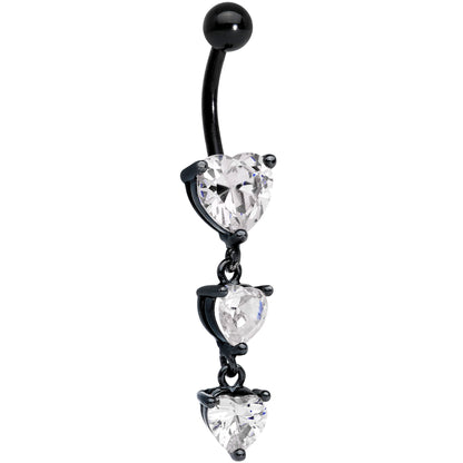 Clear CZ Gem Black Triple Heart Dangle Belly Ring