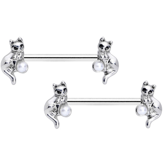 14G 9/16 Steel Ball Cat Barbell Nipple Ring Set