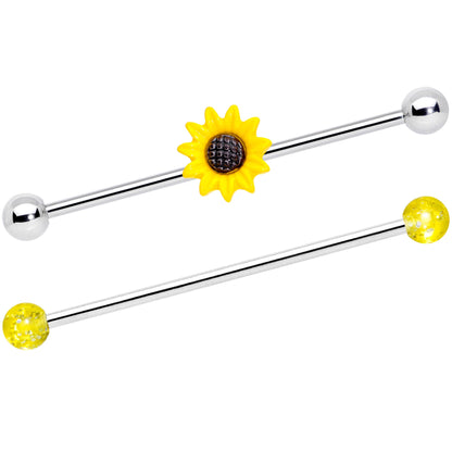 14G Yellow UV Glow Sunflower Industrial Barbell Set of 2 38mm