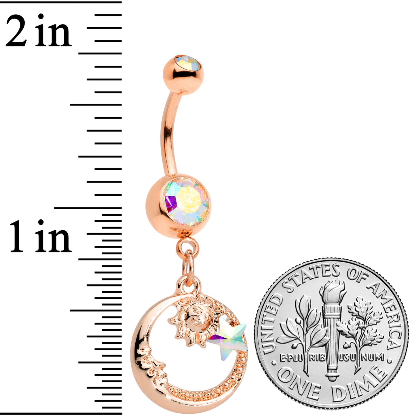 Aurora Gem Rose Gold Tone Sun Moon Star Dangle Belly Ring