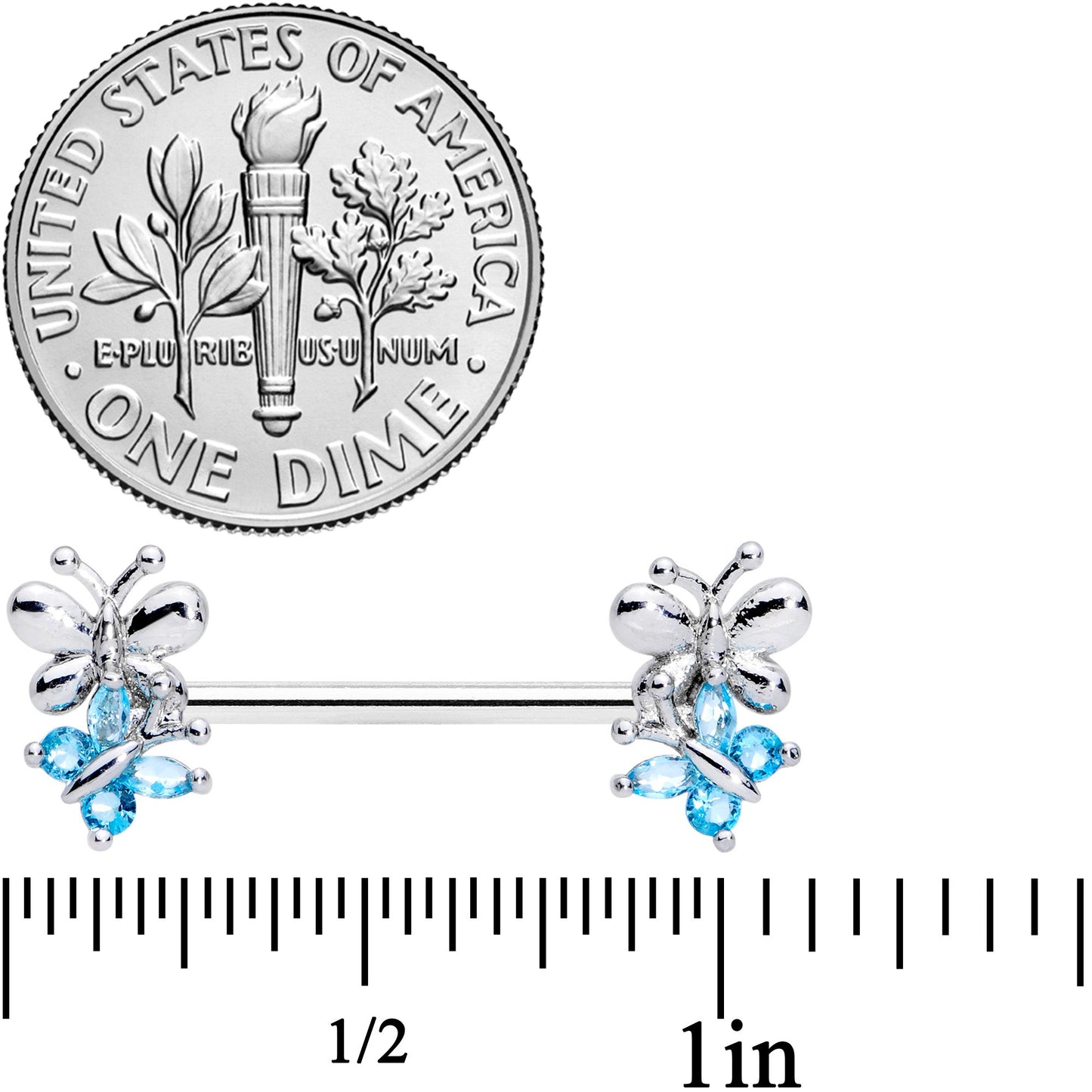 14G 5/8 Aqua CZ Gem Butterfly Barbell Nipple Set