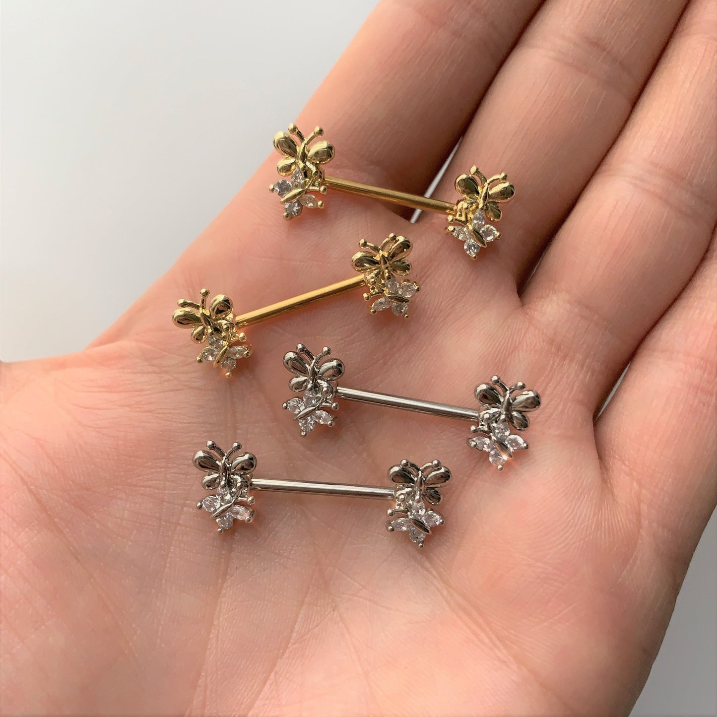 14G 5/8 Aurora CZ Gem Gold Tone Butterfly Barbell Nipple Set