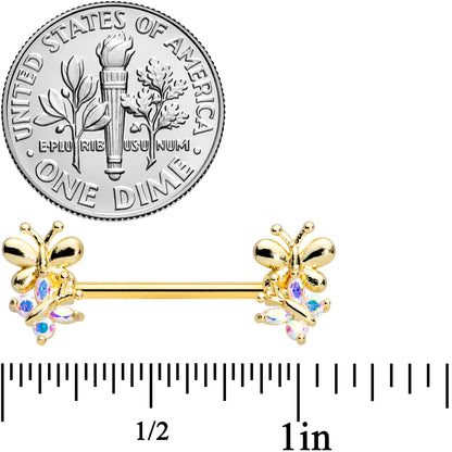 14G 5/8 Aurora CZ Gem Gold Tone Butterfly Barbell Nipple Set