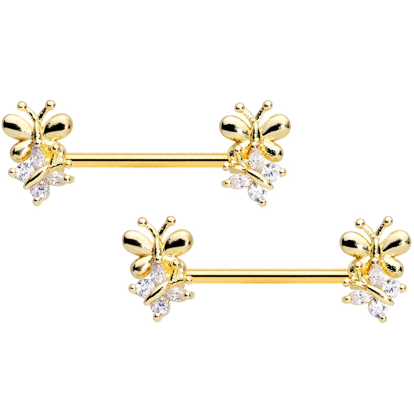14G 5/8 Clear CZ Gem Gold Tone Butterfly Barbell Nipple Set