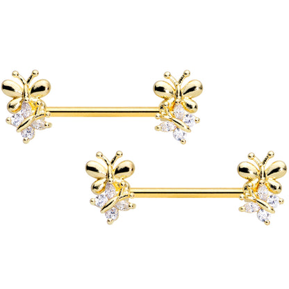 14G 5/8 Clear CZ Gem Gold Tone Butterfly Barbell Nipple Set