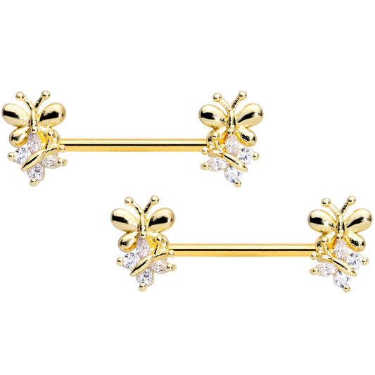 14G 5/8 Clear CZ Gem Gold Tone Butterfly Barbell Nipple Set