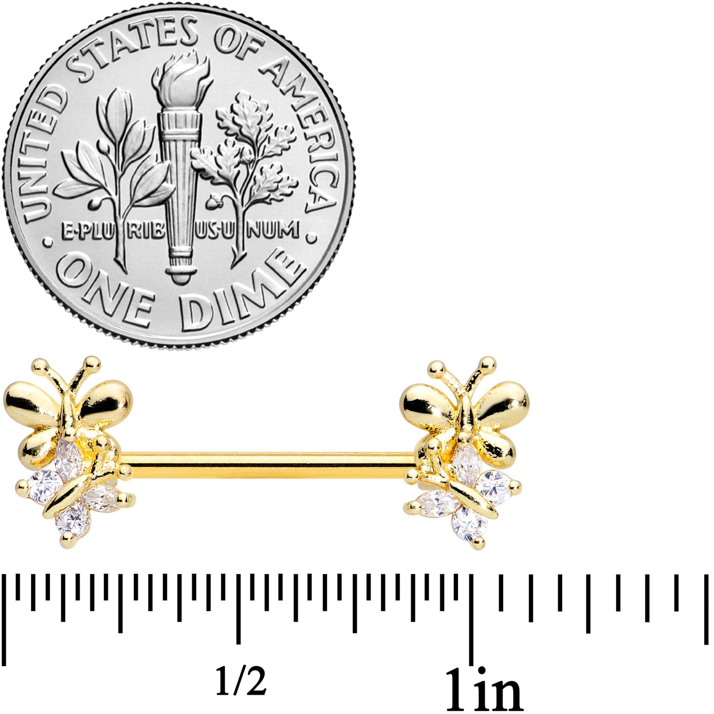 14G 5/8 Clear CZ Gem Gold Tone Butterfly Barbell Nipple Set