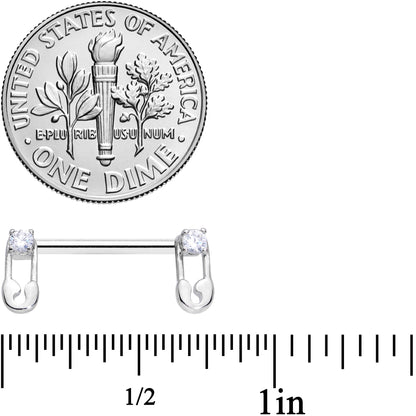 14G 9/16 Clear CZ Gem Punk Safety Pin Barbell Nipple Ring Set