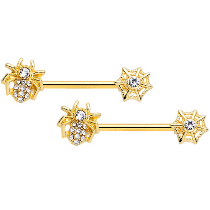 14G 5/8 Clear Gem Gold Tone Spider Web Barbell Nipple Ring Set