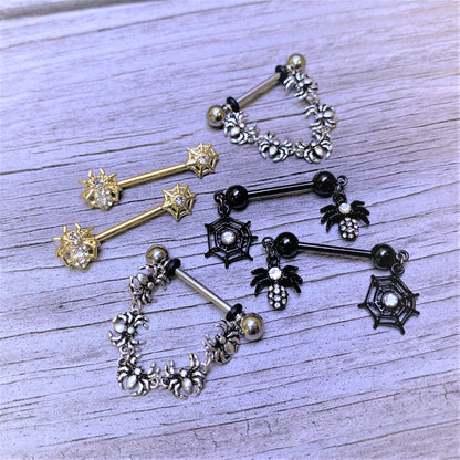 14G 9/16 Spiders Halloween Dangle Barbell Nipple Ring Set
