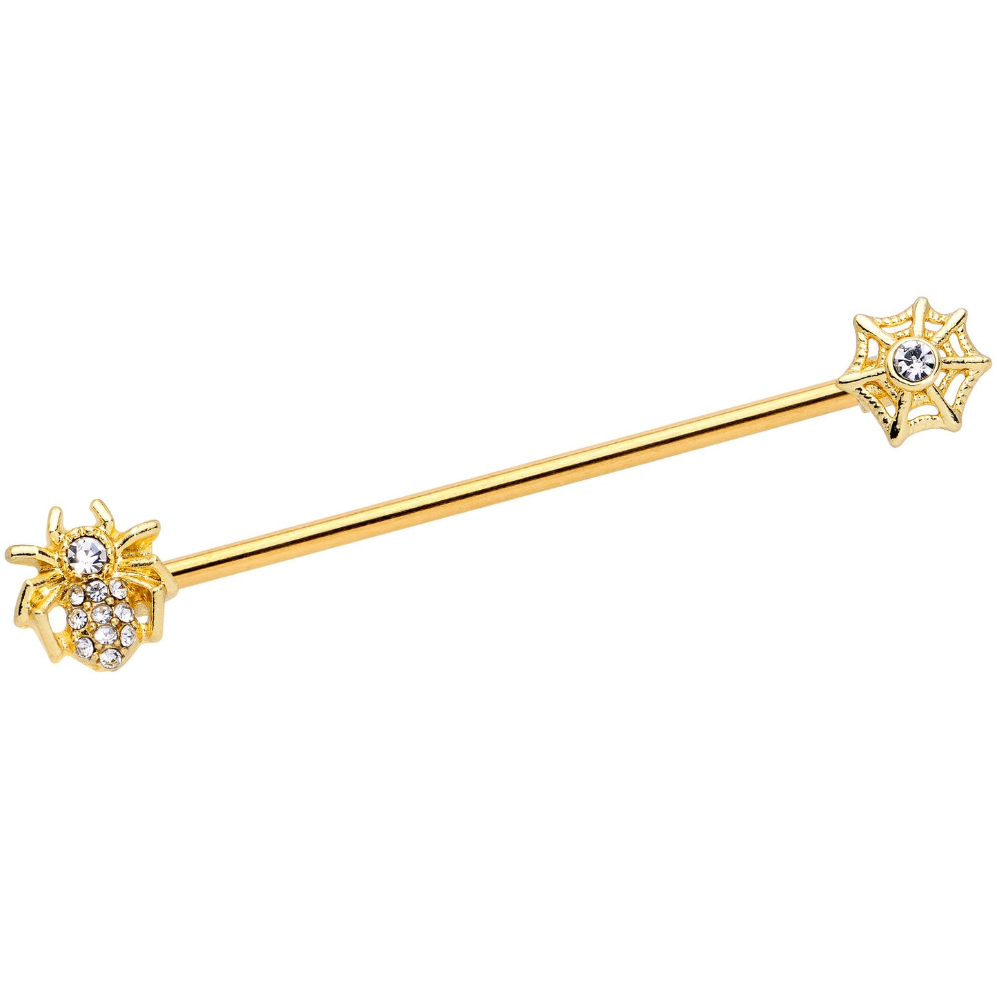 14G Clear Gem Gold Tone Spider Halloween Industrial Barbell 38mm