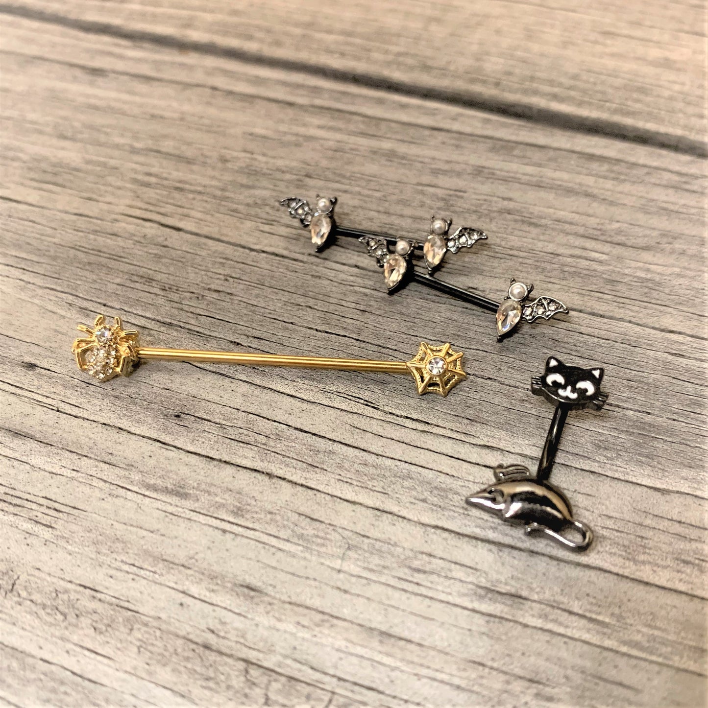 14G Clear Gem Gold Tone Spider Halloween Industrial Barbell 38mm