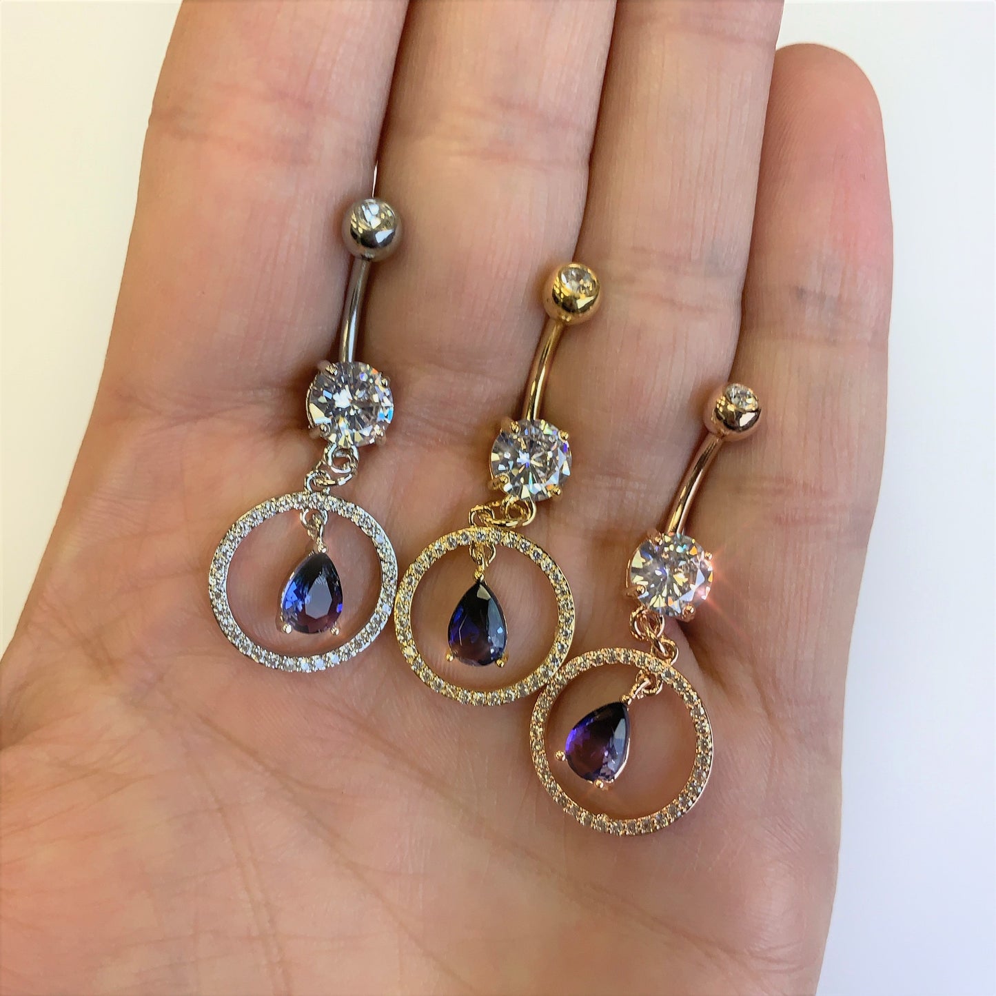 Blue Green CZ Gem Rose Gold Tone Drop Loop Dangle Belly Ring