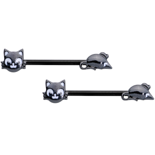 14G 9/16 Black Cat Mouse Halloween Barbell Nipple Ring Set