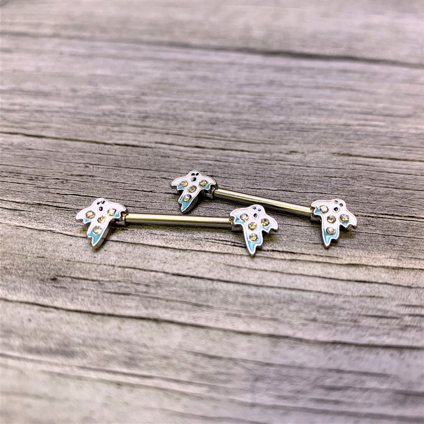 14G 9/16 Clear Gem White Ghost Halloween Barbell Nipple Ring Set