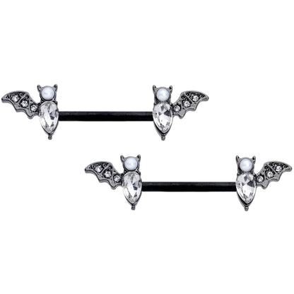 14G 9/16 Clear Gem Black Bat Halloween Barbell Nipple Ring Set