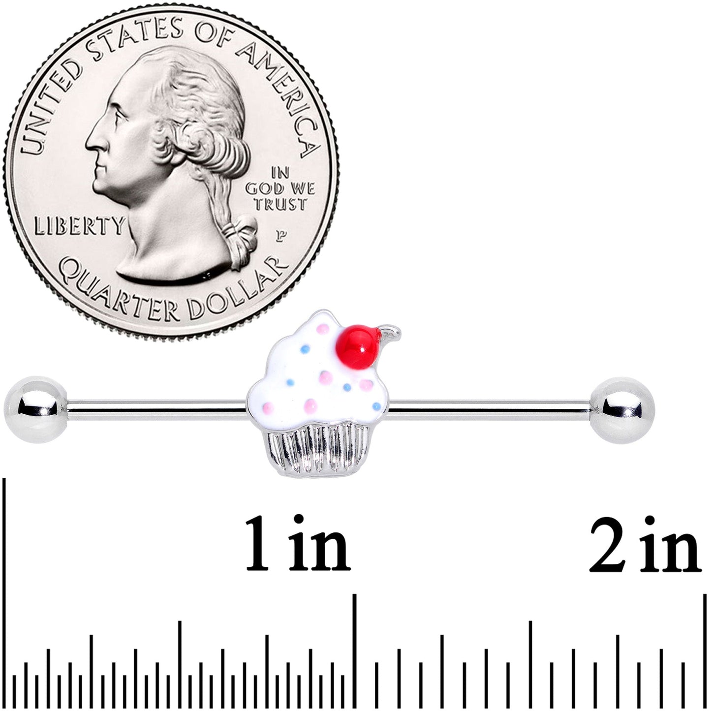 14G Red White Sprinkle Cherry Cupcake Industrial Barbell 38mm