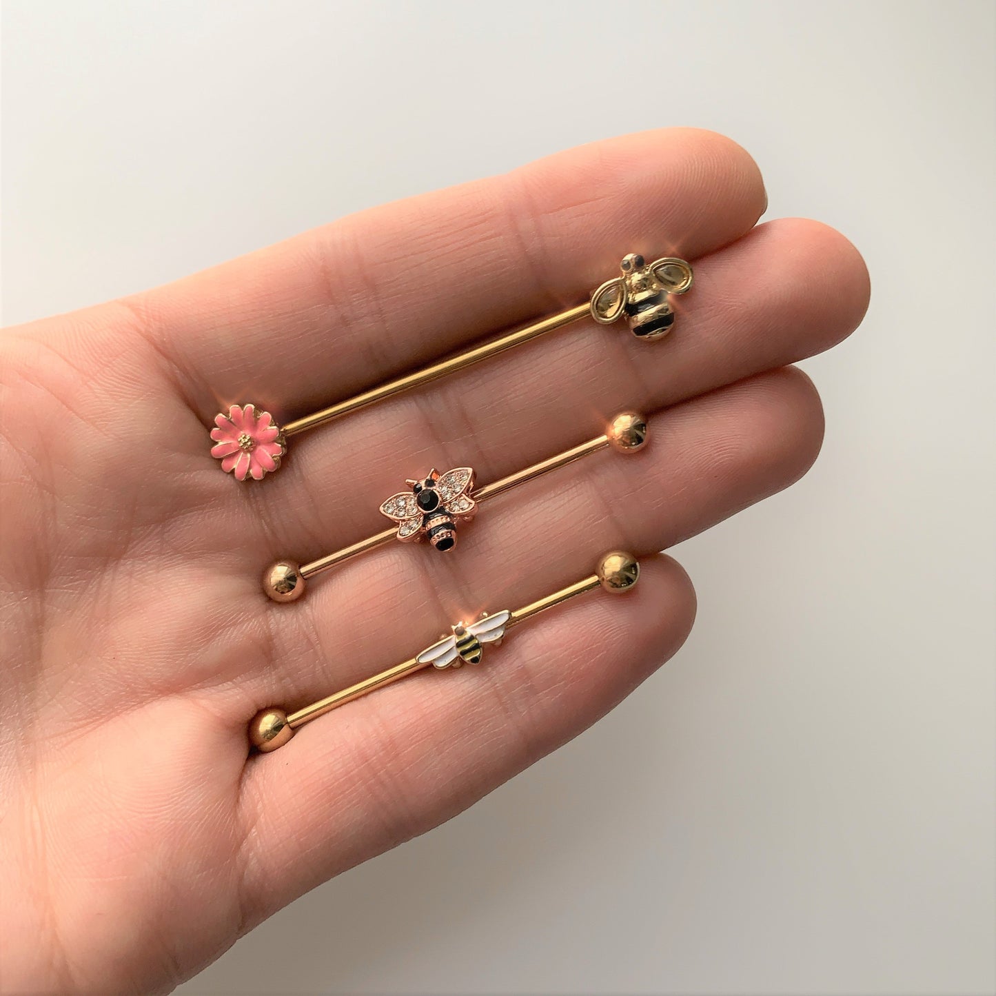 14G Clear Black Gem Gold Tone Bee Floral Industrial Barbell 38mm