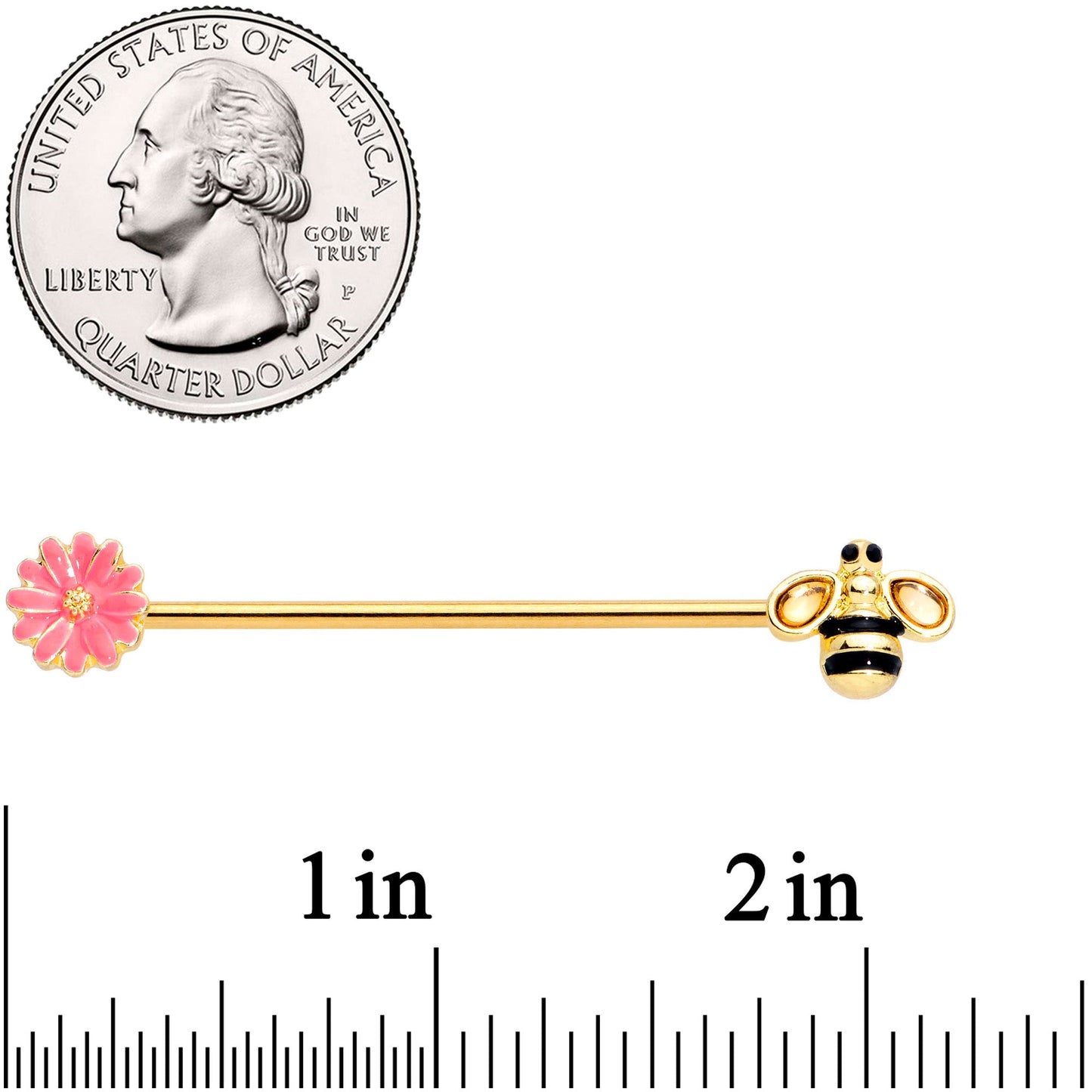 14G Clear Black Gem Gold Tone Bee Floral Industrial Barbell 38mm