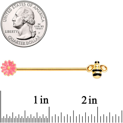 14G Clear Black Gem Gold Tone Bee Floral Industrial Barbell 38mm