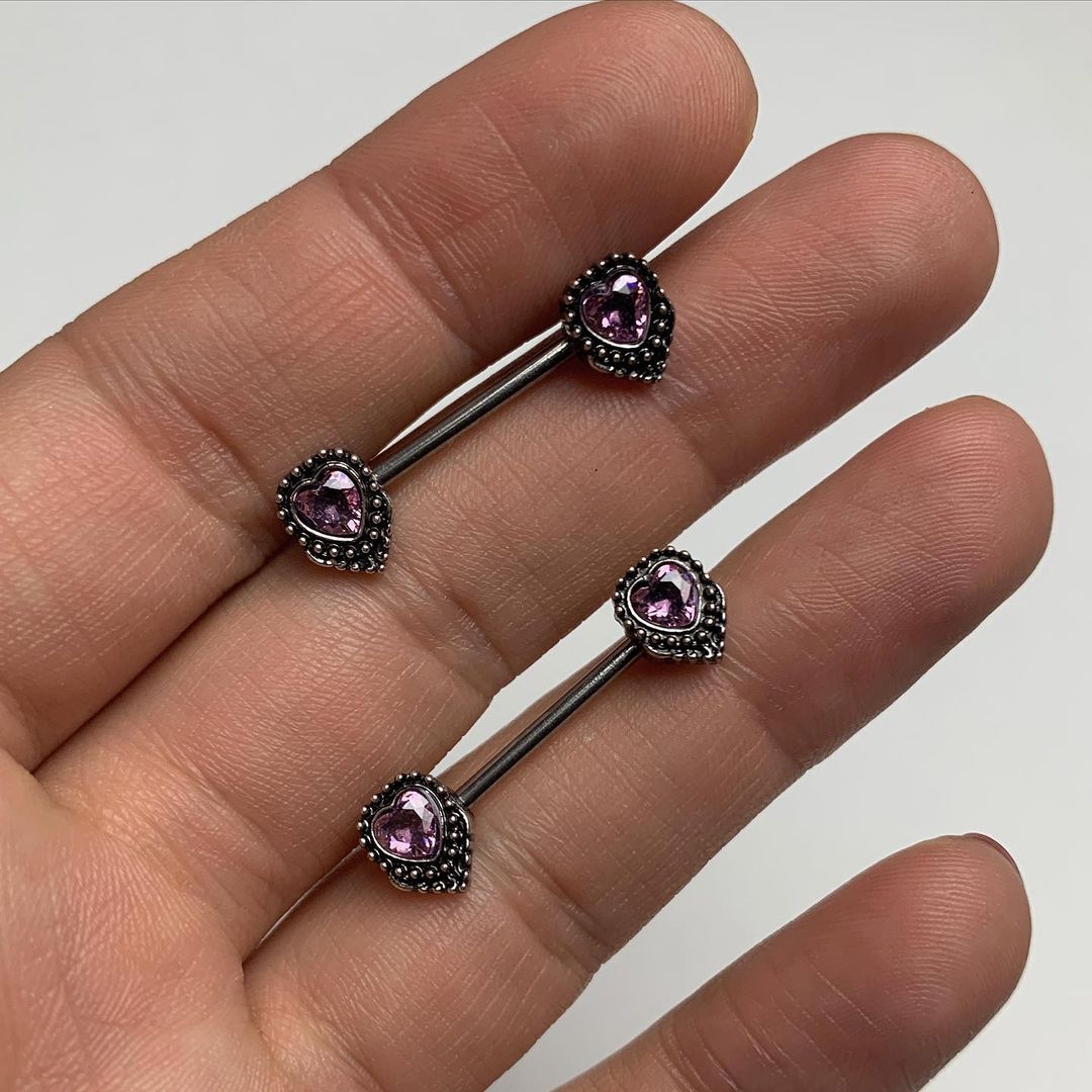 14G 9/16 Pink Gem Regal Valentine Heart Barbell Nipple Ring Set