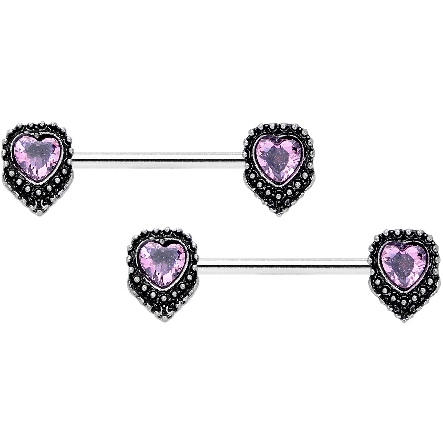 14G 9/16 Pink Gem Regal Valentine Heart Barbell Nipple Ring Set