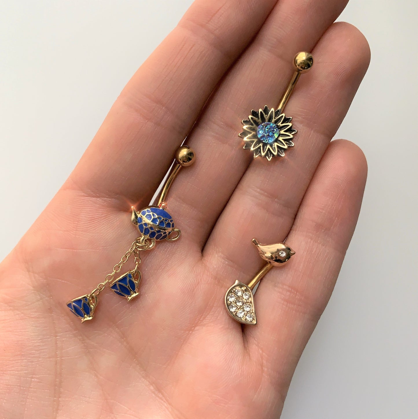 Clear Gem Gold Tone Little Birds Double Mount Belly Ring