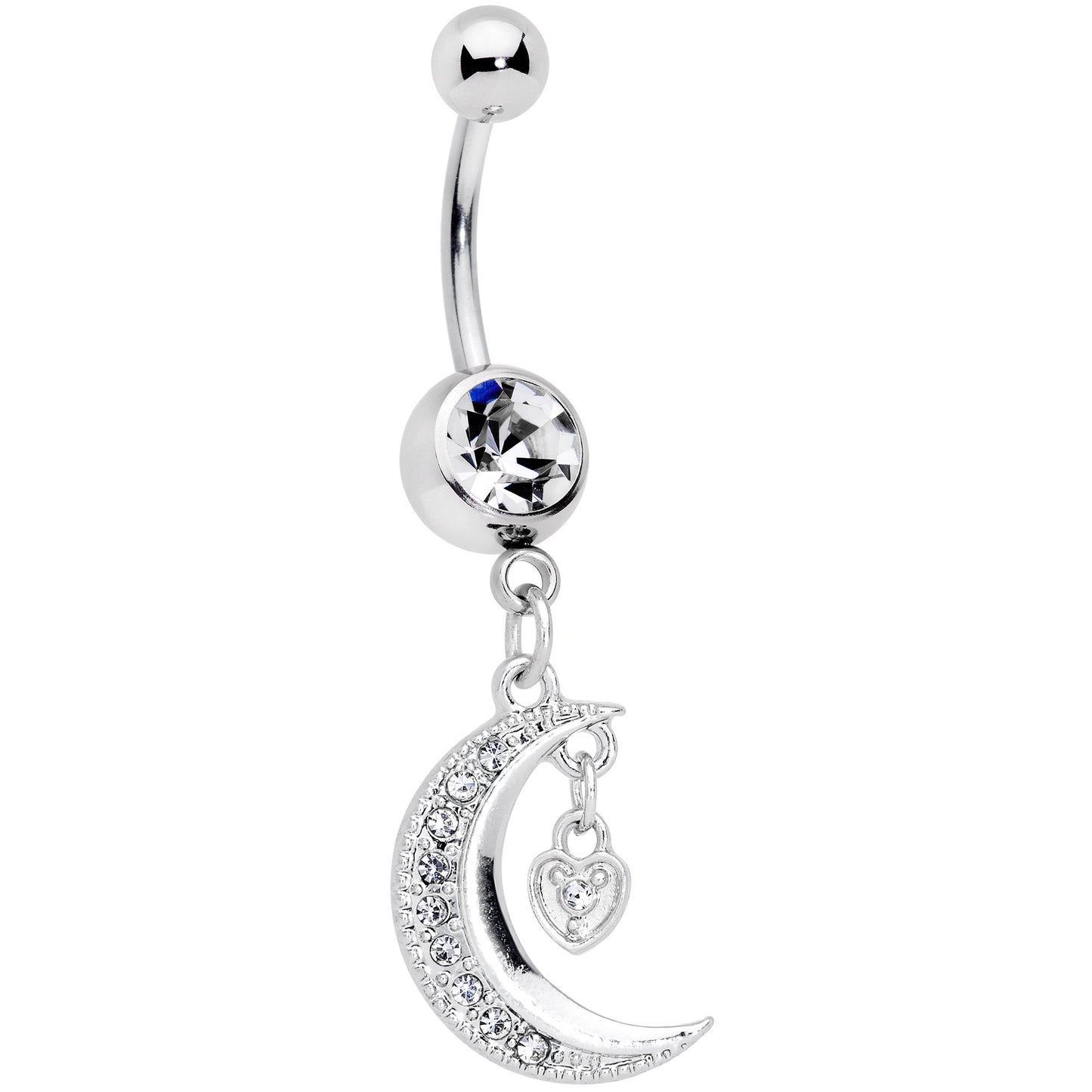 Clear CZ Gem Heart Padlock Crescent Moon Dangle Belly Ring