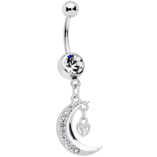 Clear CZ Gem Heart Padlock Crescent Moon Dangle Belly Ring