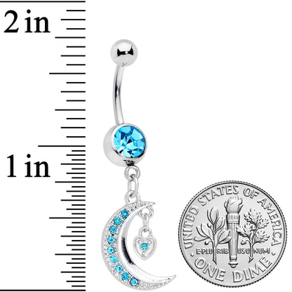 Aqua CZ Gem Heart Padlock Crescent Moon Dangle Belly Ring