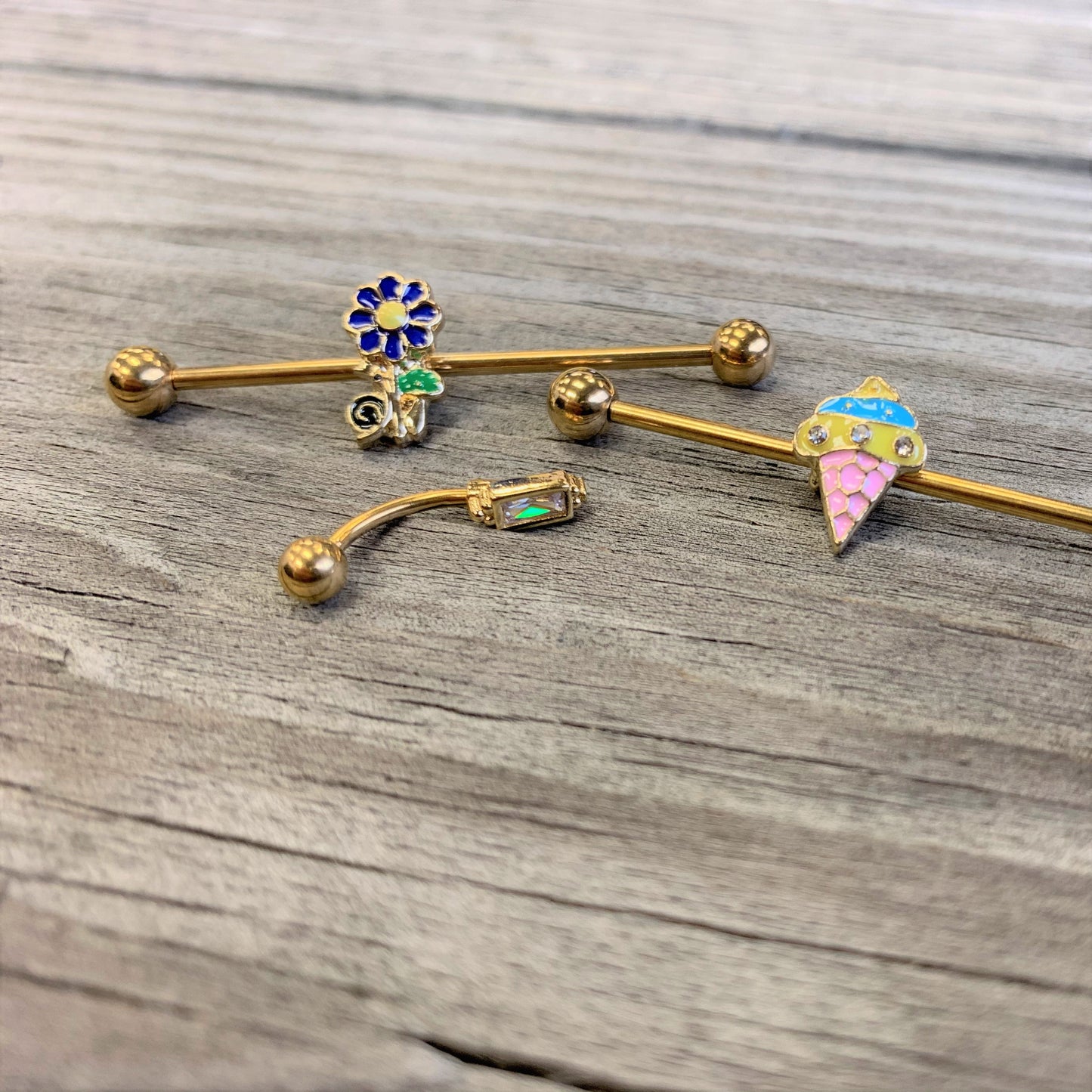 14G Gold Tone Blue Green Snail Flower Industrial Barbell 38mm