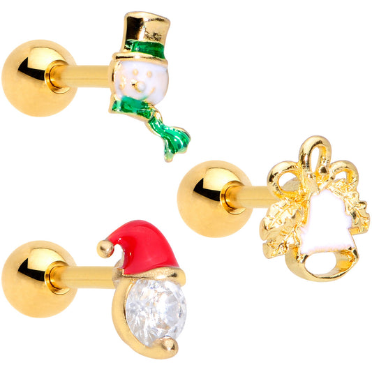 16G 1/4 Clear Gem Gold Tone Christmas Cartilage Earring Set of 3