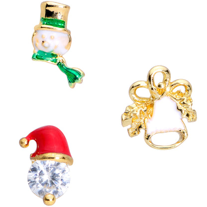 16G 1/4 Clear Gem Gold Tone Christmas Cartilage Earring Set of 3