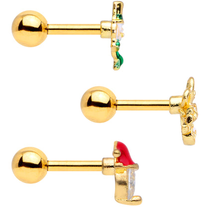 16G 1/4 Clear Gem Gold Tone Christmas Cartilage Earring Set of 3