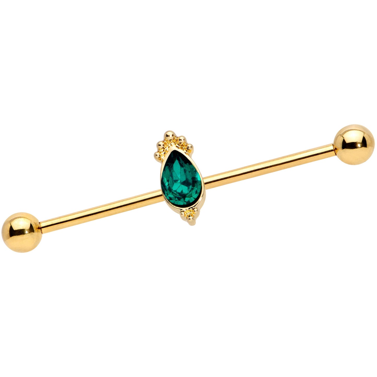 14G Green Gem Gold Tone Regal Drop Industrial Barbell 38mm