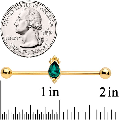 14G Green Gem Gold Tone Regal Drop Industrial Barbell 38mm