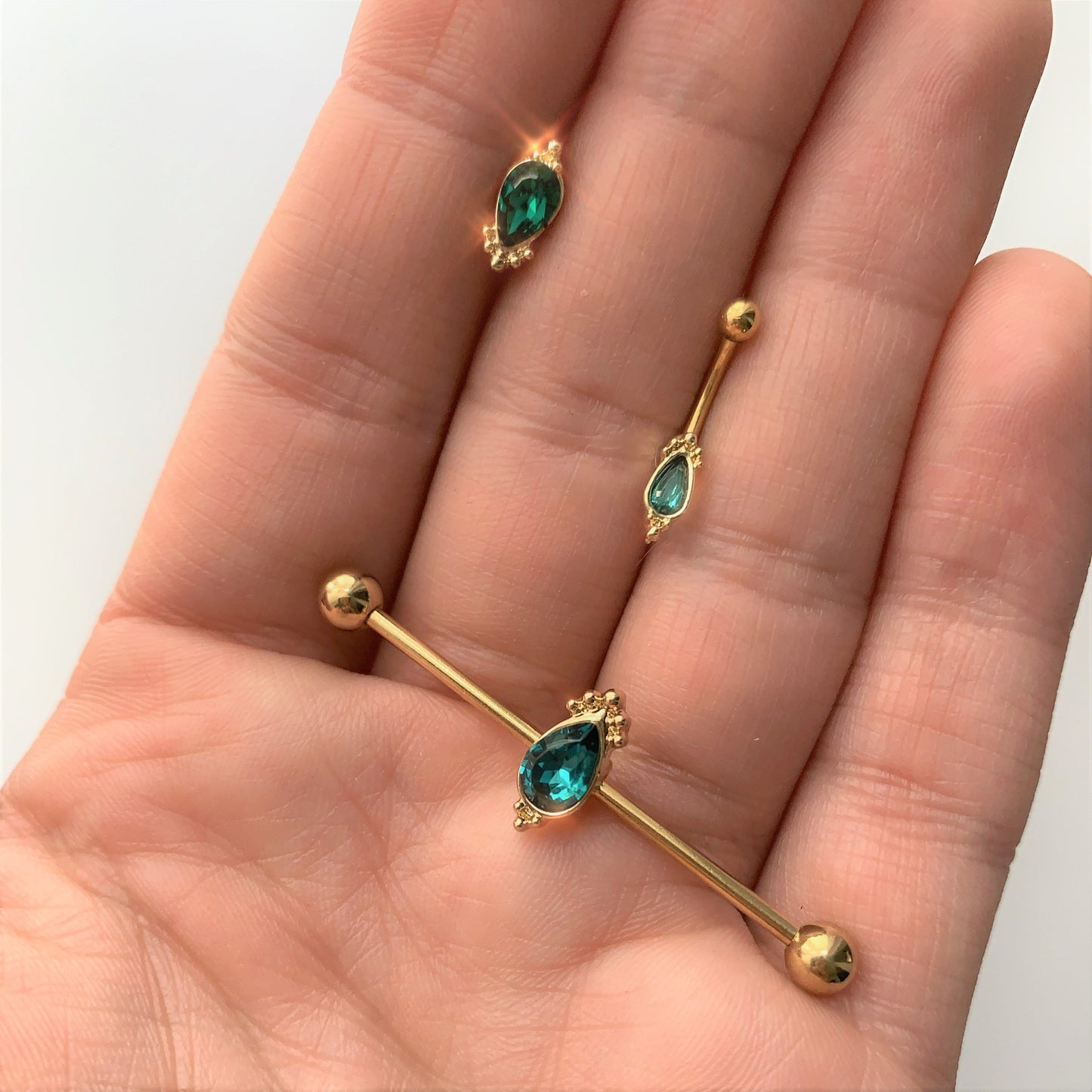 14G Green Gem Gold Tone Regal Drop Industrial Barbell 38mm