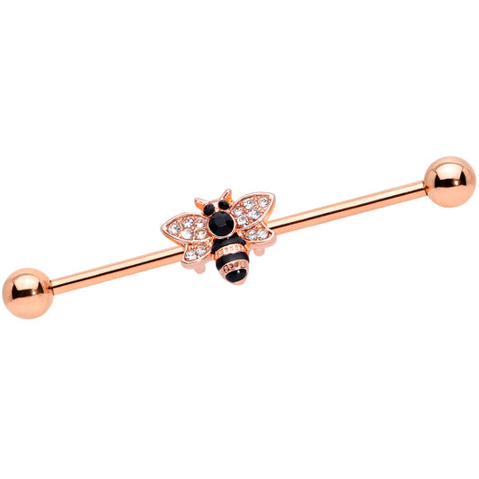 14G Clear Black Gem Rose Gold Tone Bee Industrial Barbell 38mm