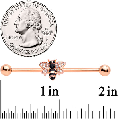 14G Clear Black Gem Rose Gold Tone Bee Industrial Barbell 38mm