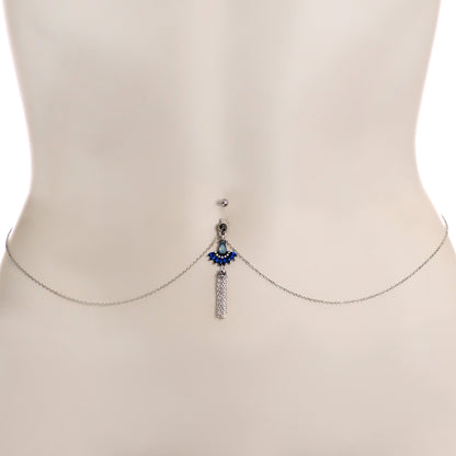 Clear Black Blue Gem Tropic Fan Dangle Belly Ring Belly Chain