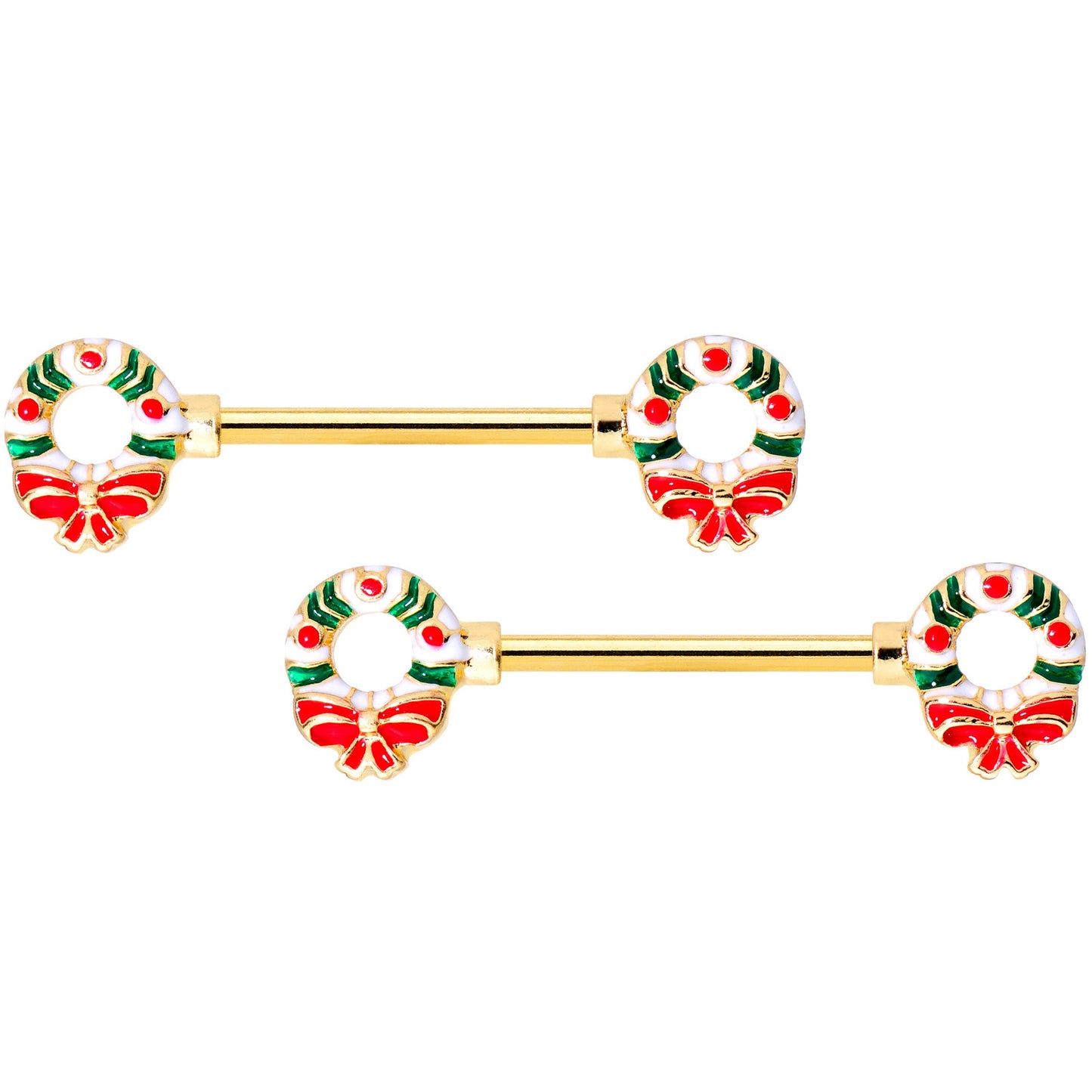 14G 9/16 Gold Tone Christmas Wreath Barbell Nipple Ring Set
