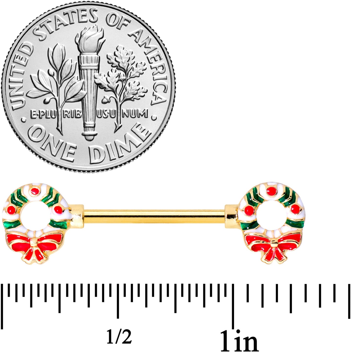 14G 9/16 Gold Tone Christmas Wreath Barbell Nipple Ring Set