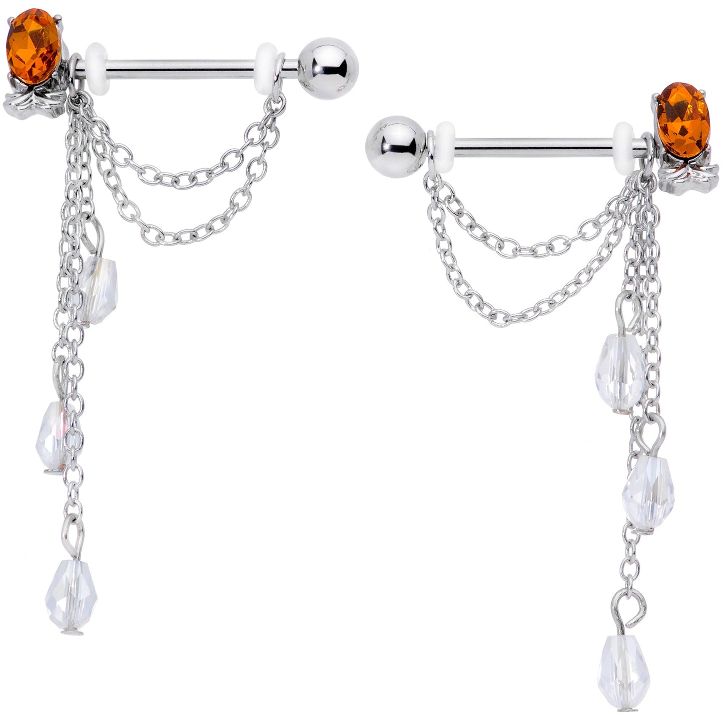 14G 9/16 Clear Orange Gem Pineapple Dangle Nipple Ring Set