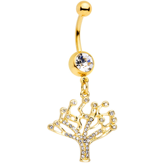 Clear CZ Gem Gold Tone Angular Tree of Life Dangle Belly Ring